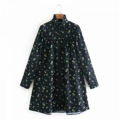 Women Flower Printing Stand Collar Single Breasted Loose Straight Dress Female Long Sleeve Clothes Fashion Vestido D6887