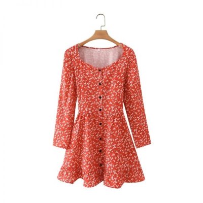 Hot Sale Women Floral Print Red Mini Dress Female Square Collar Long Sleeve Clothes Leisure Lady Loose Vestido D8090
