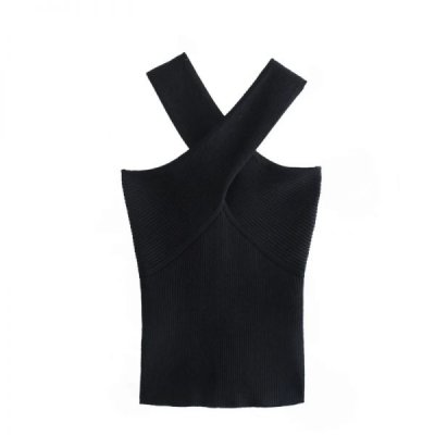 Summer Women Cross Suspender Black Knitted Blouse Casual Female Sleeveless Slim Tops T1523