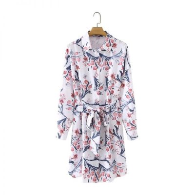 New Spring Women Elegant Floral Print Sashes Shirt Dress Female Long Sleeve Clothes Casual Lady Loose Vestido D7117
