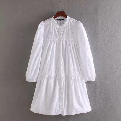 Women Hollow Embroidery White Mini Dress New Fashion Nine Quarter Sleeve Clothes Casual Lady Loose Vestido D5123