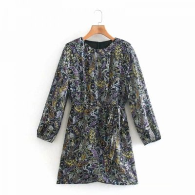 Women Vintage Paisley Printing Bow Decoration Mini Dress Female O Neck Long Sleeve Clothes Casual Lady Loose Vestido D6881