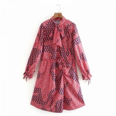 Women Patchwork Printing Stand Collar Bow Tie Midi Dress Female Long Sleeve Clothes Casual Lady Loose Vestido D6959
