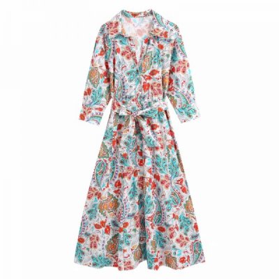 Women Flower Print Turndown Collar Sashes Midi Shirt Dress Female Three Quarter Sleeve Clothes Casual Lady Loose Vestido D8157