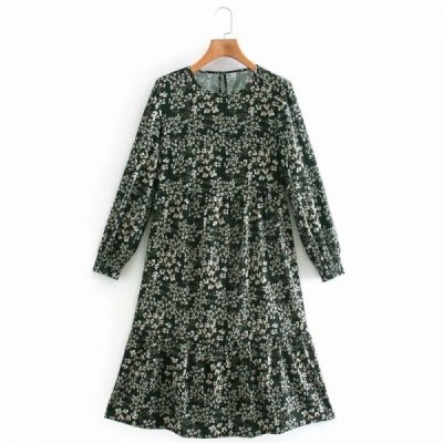 Women Flower Printing Ruffled Hem Midi Dress Vintage Female O Neck Long Sleeve Clothes Fashion Loose Vestido D6888