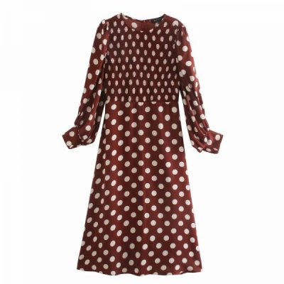 Women Polka Dot Printing Midi Dress Casual Femme O-Neck Lantern Sleeve Clothes Lady Loose Vestido D6665