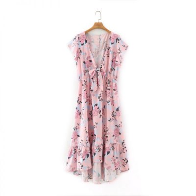 Summer Women Flower Print Deep V Neck Lace Up Bow Midi Dress Female Short Sleeve Clothes Casual Lady Loose Vestido D7515