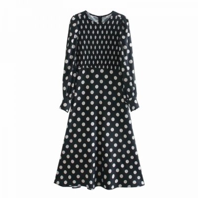 Women Dot Printing O Neck Elastic Midi A-Line Dress Casual Female Lantern Sleeve Clothes Lady Loose Vestido D6855