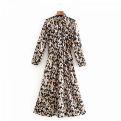 Women Digital Printing Back Hollow Decoration Midi Dress Female Stand Collar Bow Tie Long Sleeve Clothes Loose Vestido D6885