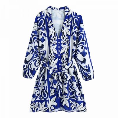 Women Placement Print V Neck Single Breasted Mini Dress Female Three Quarter Sleeve Clothes Casual Lady Loose Vestido D8156