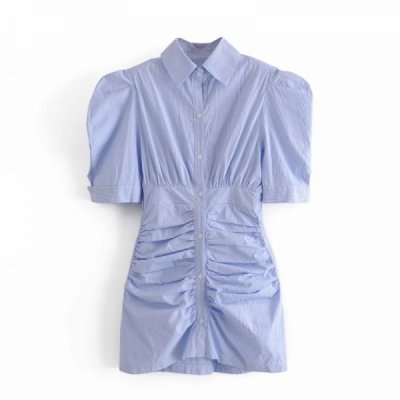 Women Slim Pleated Striped Mini Shirt Dress Female Puff Sleeve Clothes Casual Lady Vestido D7526